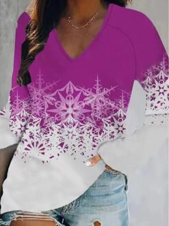 Women's T Shirt Tee Christmas Shirt Black Red Blue Christmas Tree Snowflake Print Long Sleeve Christmas Weekend Basic Christmas V Neck Regular Fit Floral Painting Fall & Winter -Cheap Women Clothing Store tzzysy1665654666391