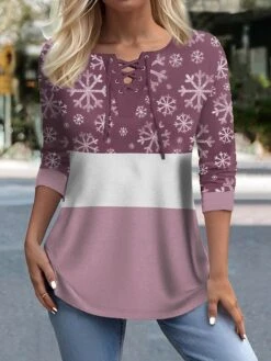 Women's T Shirt Tee Christmas Shirt Pink Blue Purple Color Block Snowflake Print Long Sleeve Christmas Weekend Festival / Holiday V Neck Regular Fit Painting Spring &Fall -Cheap Women Clothing Store uaqvic1696672664377