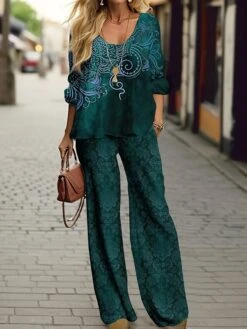 Women's Designer Shirt Pants Sets Red Blue Brown Graphic Print Long Sleeve Party Festival Christmas Round Neck Regular Fit Spring &Fall -Cheap Women Clothing Store udceuc1697191749588