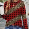 Women's T Shirt Tee Christmas Shirt Red Leopard Plaid Print Long Sleeve Christmas Weekend Festival / Holiday Round Neck Regular Fit Painting Spring &Fall -Cheap Women Clothing Store udkalh1695639581085