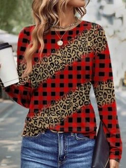 Women's T Shirt Tee Christmas Shirt Red Leopard Plaid Print Long Sleeve Christmas Weekend Festival / Holiday Round Neck Regular Fit Painting Spring &Fall