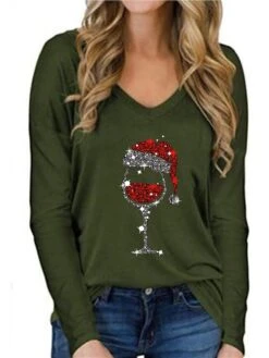 Women's Shirt Blouse Christmas Shirt Black White Army Green Beer Patchwork Long Sleeve Christmas Casual Casual Christmas V Neck Loose Fit Bell Sleeve Spring Fall -Cheap Women Clothing Store udnrxo1659071972447