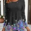 Women's T Shirt Tee Christmas Shirt Pink Blue Purple Christmas Tree Flowing Tunic Print Long Sleeve Party Christmas Weekend Festival / Holiday Round Neck Regular Fit Painting Spring &Fall