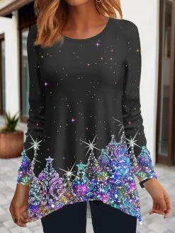 Women's T Shirt Tee Christmas Shirt Pink Blue Purple Christmas Tree Flowing Tunic Print Long Sleeve Party Christmas Weekend Festival / Holiday Round Neck Regular Fit Painting Spring &Fall