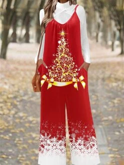 Women's Jumpsuit Pocket Print Santa Claus U Neck Casual Christmas Daily Xmas Straight Regular Fit Spaghetti Strap White Wine Red S M L All Seasons