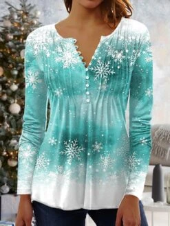 Women's Shirt Christmas Shirt Blue Purple Green Snowflake Button Print 3/4 Length Sleeve Christmas Weekend Streetwear Round Neck Regular Fit -Cheap Women Clothing Store uflbha1666438159850