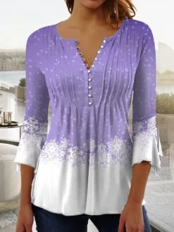 Women's Shirt Christmas Shirt Pink Blue Purple Snowflake Button Print 3/4 Length Sleeve Christmas Weekend Streetwear Casual Round Neck Regular Fit -Cheap Women Clothing Store uijyhw1668481174720