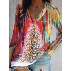 Women's T Shirt Tee Christmas Shirt Black Pink Wine Christmas Tree Print Long Sleeve Christmas Weekend Basic Print Christmas V Neck Regular Fit Painting Fall & Winter -Cheap Women Clothing Store uirwxr1664676684713