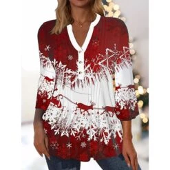 Women's Shirt Blouse Black White Red Graphic Print Snowflake Button Flowing Tunic Print Long Sleeve Christmas Christmas V Neck Regular Fit Fall & Winter -Cheap Women Clothing Store ukfawu1665484315252