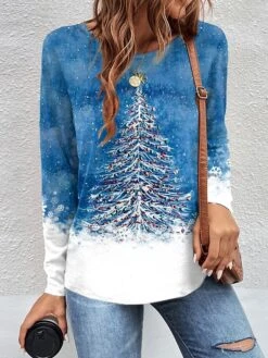 Women's T Shirt Tee Christmas Shirt Pink Blue Green Christmas Tree Print Long Sleeve Christmas Weekend Festival / Holiday Round Neck Regular Fit Painting Spring &Fall