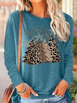 Women's T Shirt Tee Christmas Shirt Black Pink Green Leopard Christmas Tree Snowflake Print Long Sleeve Party Christmas Weekend Festival / Holiday Round Neck Regular Fit Painting Spring &Fall -Cheap Women Clothing Store ukwfqk1696930997981