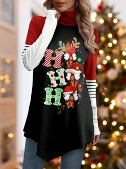 Women's Christmas Shirt Black Letter Reindeer Asymmetrical Print Long Sleeve Party Christmas Weekend Festival / Holiday High Neck Regular Fit Painting Spring &Fall