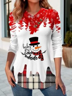 Women's T Shirt Tee Christmas Shirt White Pink Wine Floral Snowman Christmas Tree Button Print Long Sleeve Party Christmas Weekend Festival / Holiday Print Christmas V Neck Regular Fit Painting -Cheap Women Clothing Store ulhojt1695379563951