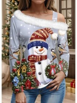 Women's Blouse Christmas Shirt Blue Snowman Print Long Sleeve Party Christmas Casual Festival / Holiday Fur Collar Regular Fit Fall & Winter