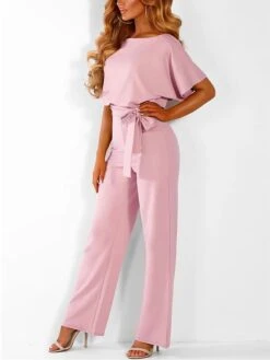 Women's Jumpsuit Lace Up High Waist Solid Color Crew Neck Xmas Business Office Work Christmas Regular Fit Half Sleeve Black Yellow Pink S M L Summer 39 Women's Jumpsuit Lace Up High Waist Solid Color Crew Neck Xmas Business Office Work Christmas Regular Fit Half Sleeve Black Yellow Pink S M L Summer -Cheap Women Clothing Store umjrbk1692616137407
