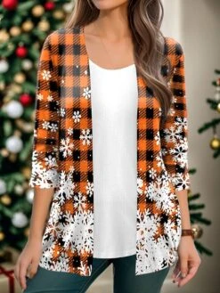 Women's Shirt Shrugs Christmas Shirt Pink Red Blue Plaid Snowflake Print 3/4 Length Sleeve Party Christmas Casual Festival / Holiday V Neck Regular Fit Spring &Fall -Cheap Women Clothing Store umnckd1694680462424