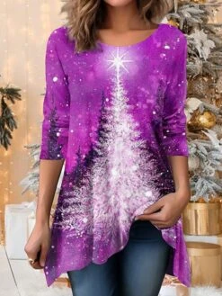 Women's Designer Shirt T Shirt Tee Christmas Shirt Red Blue Purple Christmas Tree Sparkly Flowing Tunic Print Long Sleeve Party Christmas Weekend Festival / Holiday Round Neck Regular Fit Painting -Cheap Women Clothing Store umsggb1697595275281
