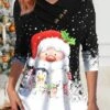 Women's Christmas Shirt Black Santa Claus Button Print Long Sleeve Christmas Weekend Festival / Holiday V Neck Regular Fit Painting Spring &Fall