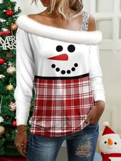 Women's Blouse Christmas Shirt Pink Red Blue Plaid Snowman Print Long Sleeve Christmas Casual Festival / Holiday Fur Collar Regular Fit Spring &Fall