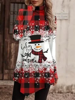 Women's T Shirt Tee Christmas Shirt Red Plaid Snowman Snowflake Asymmetrical Print Long Sleeve Christmas Weekend Festival / Holiday High Neck Regular Fit Painting Spring &Fall