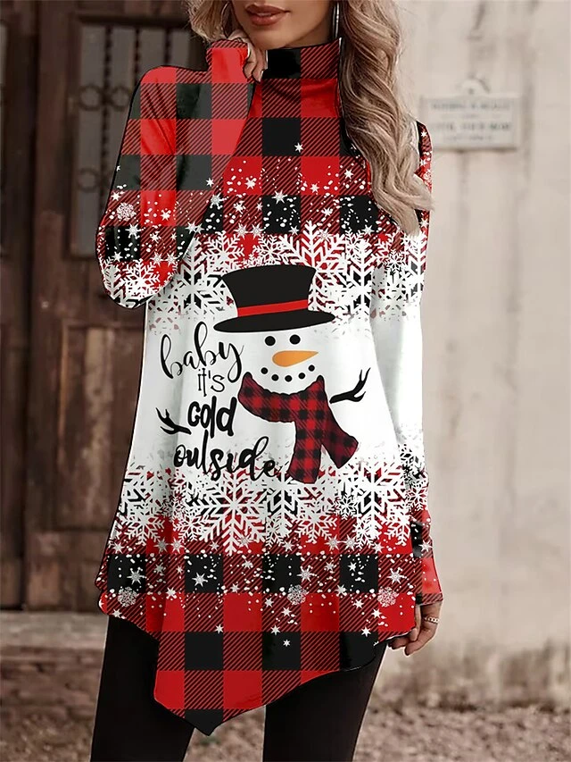 Women's T Shirt Tee Christmas Shirt Red Plaid Snowman Snowflake Asymmetrical Print Long Sleeve Christmas Weekend Festival / Holiday High Neck Regular Fit Painting Spring &Fall 3 Women's T Shirt Tee Christmas Shirt Red Plaid Snowman Snowflake Asymmetrical Print Long Sleeve Christmas Weekend Festival / Holiday High Neck Regular Fit Painting Spring &Fall