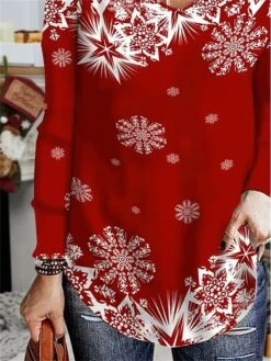 Women's T Shirt Tee Christmas Shirt Red Snowflake Print Long Sleeve Party Christmas Weekend Daily Basic Print V Neck Regular Fit Painting Fall & Winter -Cheap Women Clothing Store unzdas1691050571203