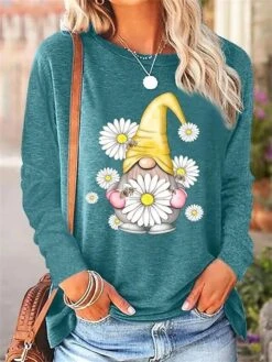 Women's T Shirt Tee Christmas Shirt Black Pink Blue Floral Santa's Helper Print Long Sleeve Christmas Weekend Festival / Holiday Round Neck Regular Fit Painting Spring &Fall -Cheap Women Clothing Store unzzkl1697540526455
