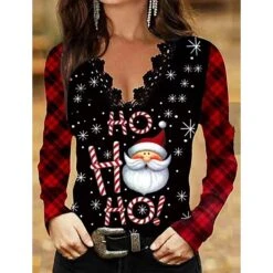 Women's Shirt Blouse Black Santa Claus Lace Trims Print Long Sleeve Christmas Casual Basic V Neck Regular Fit