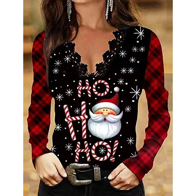 Women's Shirt Blouse Black Santa Claus Lace Trims Print Long Sleeve Christmas Casual Basic V Neck Regular Fit 3 Women's Shirt Blouse Black Santa Claus Lace Trims Print Long Sleeve Christmas Casual Basic V Neck Regular Fit