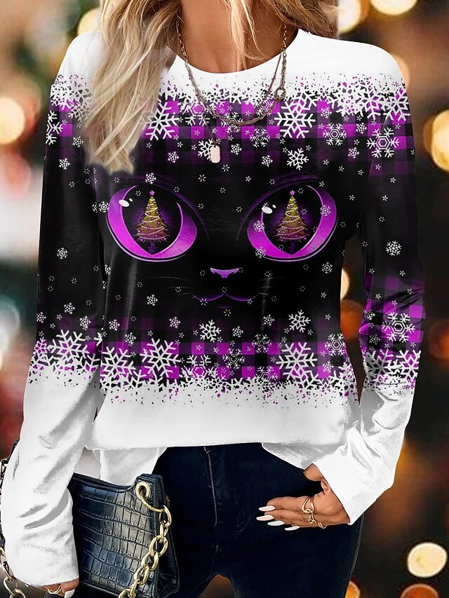 Women's T Shirt Tee Christmas Shirt Blue Purple Orange Plaid Christmas Tree Snowflake Print Long Sleeve Christmas Weekend Festival / Holiday Round Neck Regular Fit Painting Spring &Fall 6 Women's T Shirt Tee Christmas Shirt Blue Purple Orange Plaid Christmas Tree Snowflake Print Long Sleeve Christmas Weekend Festival / Holiday Round Neck Regular Fit Painting Spring &Fall - Image 4