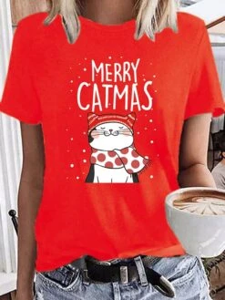 Women's T Shirt Tee Christmas Shirt 100% Cotton Black Light Green Wine Graphic Cat Letter Print Short Sleeve Christmas Daily Holiday Basic Christmas Round Neck Regular Fit Cat -Cheap Women Clothing Store urtevq1666754529195