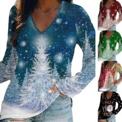 Women's T Shirt Tee Christmas Shirt Black Pink Wine Christmas Tree Print Long Sleeve Christmas Weekend Basic Print Christmas V Neck Regular Fit Painting Fall & Winter -Cheap Women Clothing Store usoxoe1667526266664