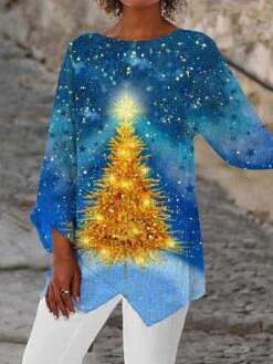 Women's Shirt Christmas Shirt Black White Yellow Christmas Tree Deer Asymmetric Print Long Sleeve Christmas Weekend Streetwear Christmas Round Neck Regular Fit -Cheap Women Clothing Store usrjdg1666257049913