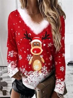 Women's T Shirt Tee Christmas Shirt Red Snowflake Reindeer Print Long Sleeve Party Christmas Weekend Festival / Holiday Christmas Fur Collar V Neck Regular Fit Painting Spring &Fall