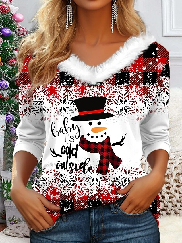 Women's T Shirt Tee Christmas Shirt Black White Red Snowman Christmas Tree Print Long Sleeve Party Christmas Weekend Festival / Holiday Print Christmas Fur Collar V Neck Regular Fit Painting Fall 4 Women's T Shirt Tee Christmas Shirt Black White Red Snowman Christmas Tree Print Long Sleeve Party Christmas Weekend Festival / Holiday Print Christmas Fur Collar V Neck Regular Fit Painting Fall - Image 2