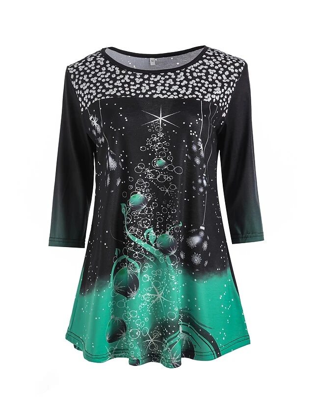Women's T Shirt Tee Tunic Green Black Blue Graphic Christmas Tree Print Long Sleeve Christmas Weekend Christmas Round Neck Long 3D Printed Painting S 15 Women's T Shirt Tee Tunic Green Black Blue Graphic Christmas Tree Print Long Sleeve Christmas Weekend Christmas Round Neck Long 3D Printed Painting S - Image 13