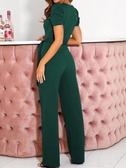 Women's Jumpsuit Lace Up Beaded Solid Color V Neck Elegant Office Christmas Xmas Regular Fit Short Sleeve Black Army Green Red S M L Fall -Cheap Women Clothing Store uvuxvv1695347200830