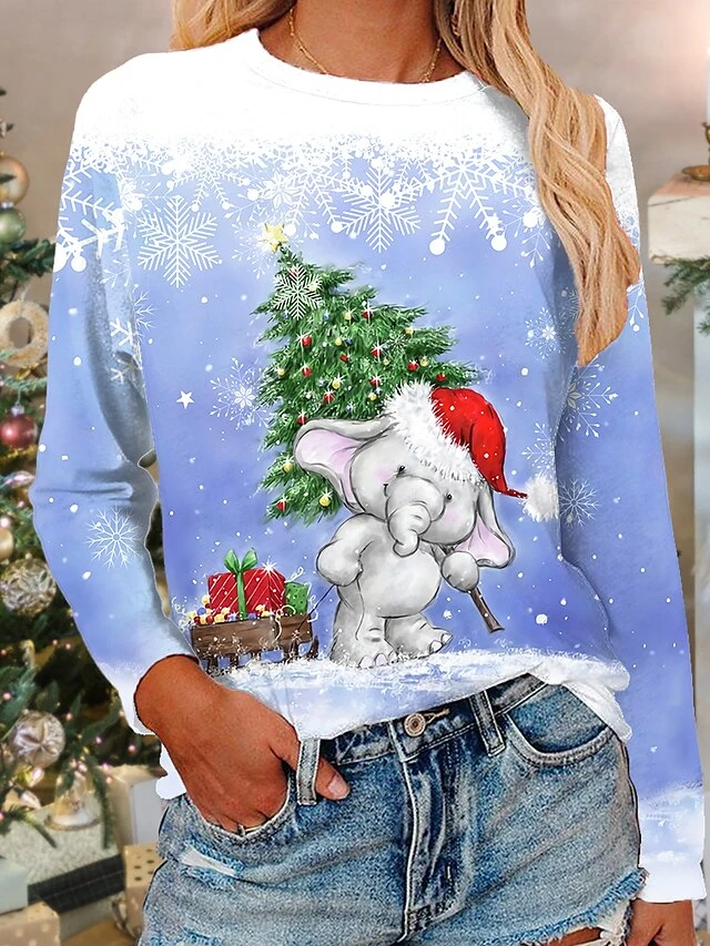 Women's T Shirt Tee Green Blue Yellow Graphic Santa Claus Print Long Sleeve Christmas Weekend Basic Round Neck Regular Floral Painting S 5 Women's T Shirt Tee Green Blue Yellow Graphic Santa Claus Print Long Sleeve Christmas Weekend Basic Round Neck Regular Floral Painting S - Image 3