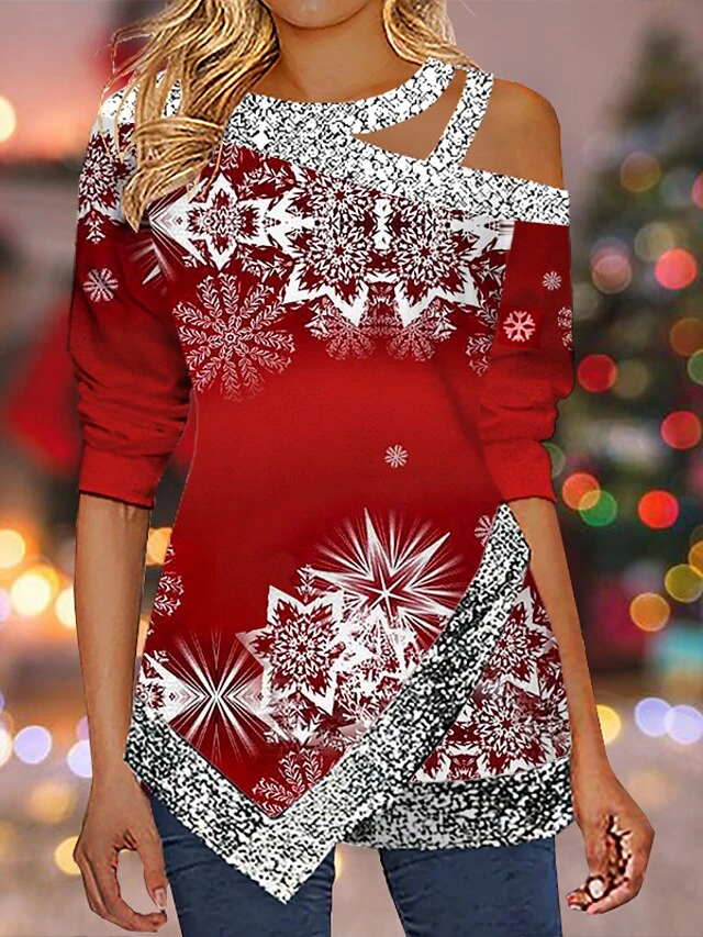 Women's Shirt Silver Black White Christmas Tree Snowflake Reindeer Cut Out Asymmetric Print Long Sleeve Christmas Weekend Streetwear Casual Round Neck Regular Fit Spring Fall 12 Women's Shirt Silver Black White Christmas Tree Snowflake Reindeer Cut Out Asymmetric Print Long Sleeve Christmas Weekend Streetwear Casual Round Neck Regular Fit Spring Fall - Image 10