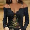 Women's Blouse Christmas Shirt Black Christmas Tree Lace Trims Print Long Sleeve Party Christmas Casual Festival / Holiday V Neck Regular Fit Cold Shoulder Spring &Fall