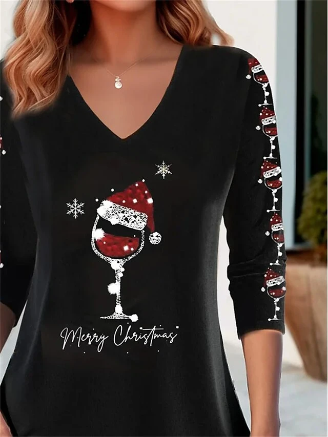 Women's T Shirt Tee Christmas Shirt Black Red Blue Wine Glass Print Long Sleeve Party Christmas Weekend Festival / Holiday Christmas V Neck Regular Fit Painting Spring &Fall 4 Women's T Shirt Tee Christmas Shirt Black Red Blue Wine Glass Print Long Sleeve Party Christmas Weekend Festival / Holiday Christmas V Neck Regular Fit Painting Spring &Fall - Image 2