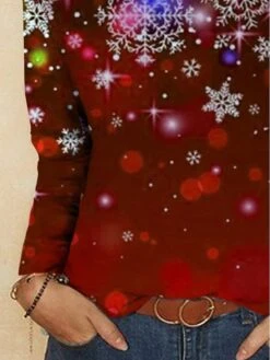 Women's T Shirt Tee Christmas Shirt Wine Red Blue Christmas Tree Snowflake Print Long Sleeve Christmas Weekend Basic Christmas Round Neck Regular Fit Painting -Cheap Women Clothing Store vbxvcm1665657311419