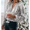 Women's Shirt Blouse Silver White Blue Sparkly Sequins Long Sleeve Party Christmas Fashion V Neck Regular Fit Lantern Sleeve Spring &Fall -Cheap Women Clothing Store vckufe1697193534332