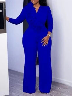 Women's Jumpsuit Ruffle High Waist Solid Color V Neck Christmas Business Office Work Xmas Regular Fit Long Sleeve White Yellow Red S M L Fall -Cheap Women Clothing Store vdluik1695792415889