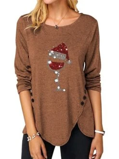 Women's T Shirt Tee Christmas Shirt Sky-blue Black Pink Graphic Print Long Sleeve Christmas Weekend Basic Christmas Round Neck Regular Fit Painting -Cheap Women Clothing Store vdnvgi1665739179504