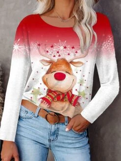 Women's Christmas T Shirt Tee Red Reindeer Long Sleeve Christmas Weekend Basic Round Neck Regular Painting S