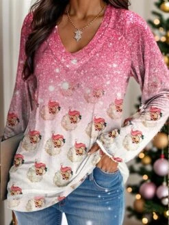 Women's T Shirt Tee Christmas Shirt Black Pink Blue Snowman Print Long Sleeve Christmas Weekend Fashion Christmas V Neck Regular Fit Painting Spring &Fall -Cheap Women Clothing Store vexciw1694946119738