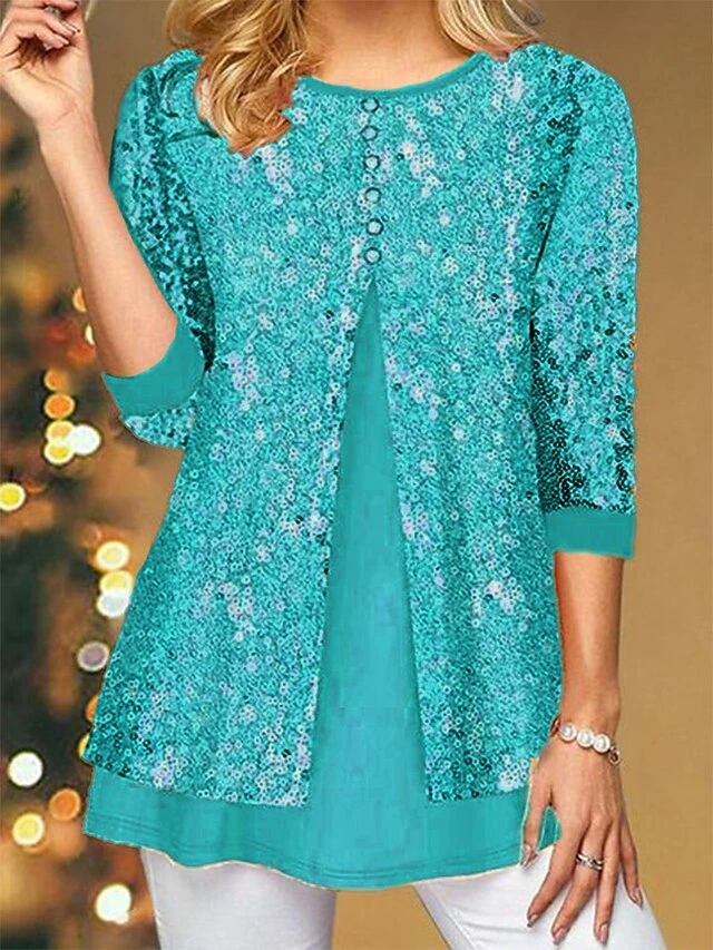 Women's Blouse Christmas Shirt Black Red Blue Sparkly Sequins Long Sleeve Party Christmas Casual Festival / Holiday Round Neck Regular Fit Spring &Fall 5 Women's Blouse Christmas Shirt Black Red Blue Sparkly Sequins Long Sleeve Party Christmas Casual Festival / Holiday Round Neck Regular Fit Spring &Fall - Image 3