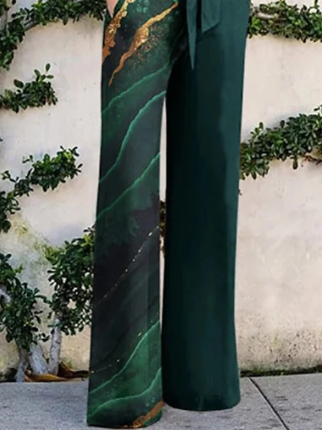 Women's Jumpsuit For Special Occasions Christmas Lace Up Print Shirt Collar Elegant Party Prom Straight Regular Fit Short Sleeve Green S M L Spring Fall 5 Women's Jumpsuit For Special Occasions Christmas Lace Up Print Shirt Collar Elegant Party Prom Straight Regular Fit Short Sleeve Green S M L Spring Fall - Image 3