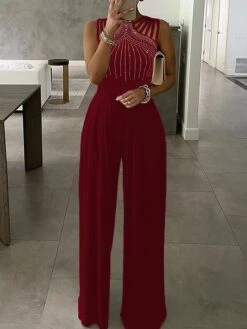Jumpsuits For Women Dressy Beaded Solid Color Sequin Crew Neck Elegant Xmas Party Evening Christmas Prom Wide Leg Regular Fit Sleeveless Blue Black Wine S M LFall Summer